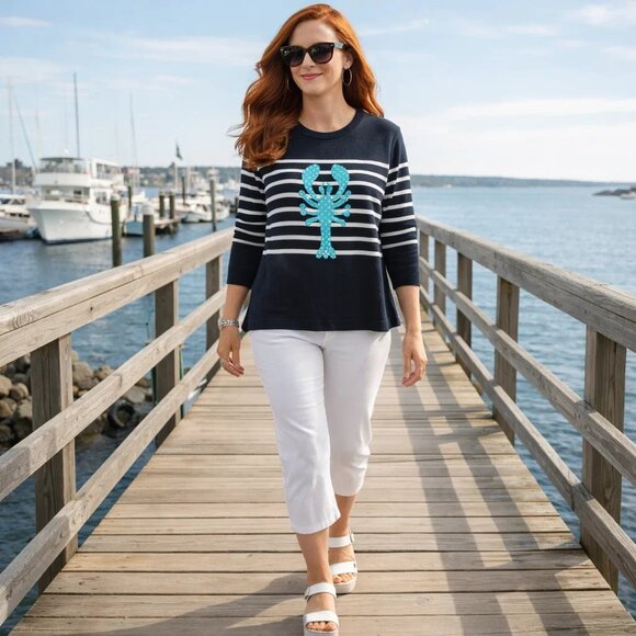 Crown & Ivy Sweater Navy White Turquoise Lobster Size Petite Small - Picture 3 of 9